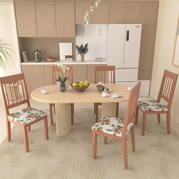 Stretch Dining Chair Seat Covers Set of 6,Dining Chair Slipcovers, Floral Printed Chair Covers,Soft Fabric Washable Upholstered Chair Seat Protector, No Rear Covers for Home Kitchen Dining Room