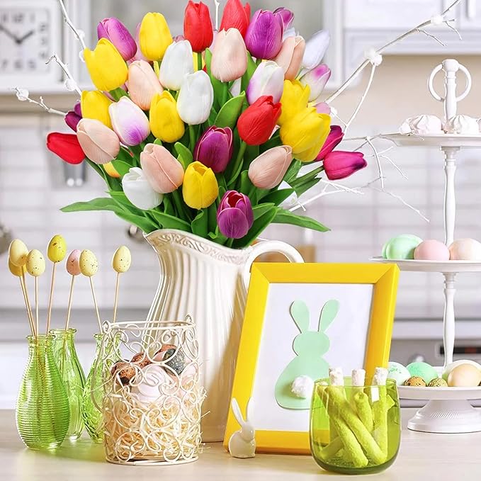 28pcs Multicolor Flowers Artificial Tulip Stems Real Feel PU Tulips for Easter Spring Wreath Wedding Bouquet Centerpiece Floral Arrangement Cemetery Table Décor 13" Tall