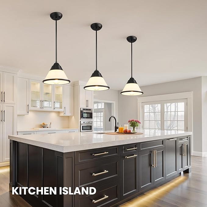 9.4" Black Pendant Light, Adjustable Hanging Light Fixture with Milk Glass Shade, Vintage Farmhouse Kitchen Island Lighting for Dining Room, Hallway, Entryway