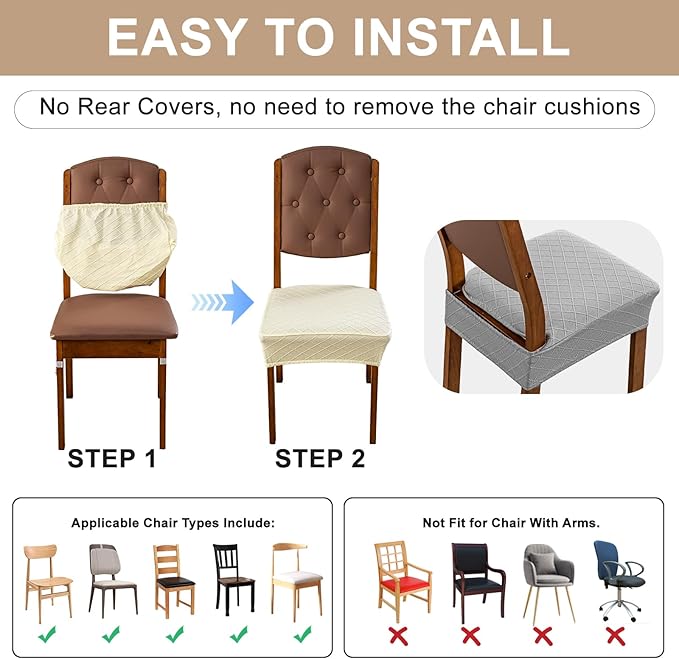 Genina Waterproof Seat Covers for Dining Room Chairs Covers Dining Chair Slipcovers Protector, No Rear Covers (Grey, 6 Pcs)