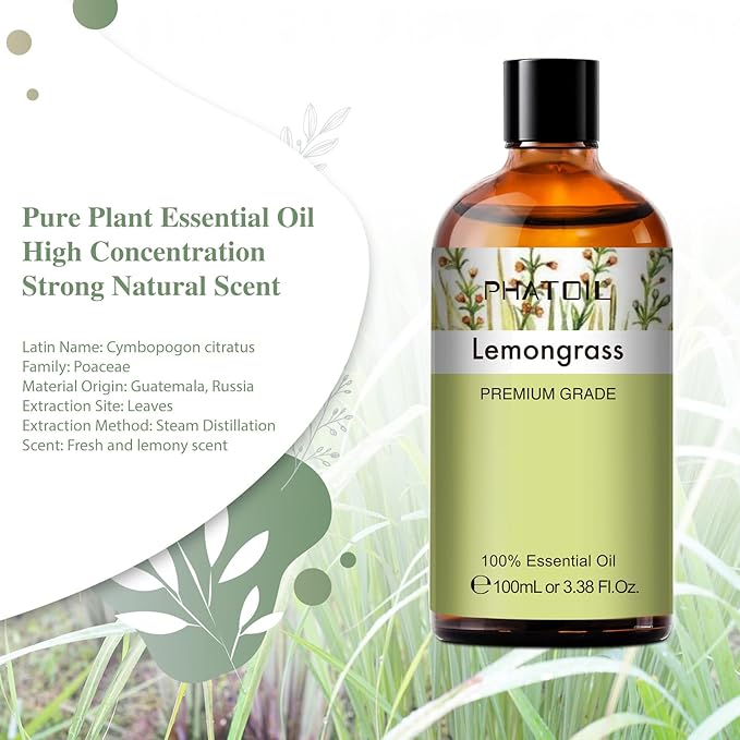 PHATOIL 100ML Lemongrass Essential Oil, 3.38FL.OZ Essential Oils for Diffuser, Humidifier, Relax, Aromatherapy, Lemongrass Oil Scented Oils for Soap, Candle Making