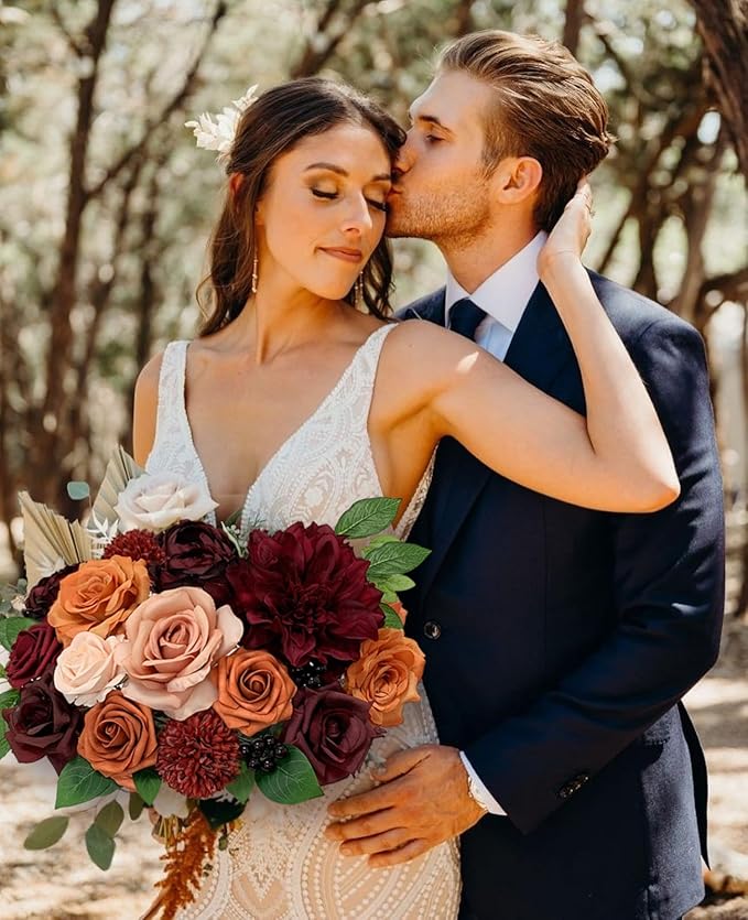 Roses Artificial Flowers Burgundy Bouquet Fake Flower with Stems for DIY Bridal Wedding Shower Decorations Party Table Centerpieces Faux Silk Floral Arrangement for Home Decor Indoor Orange