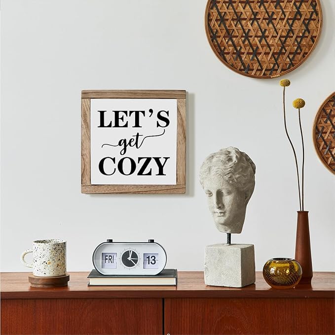Cozy Bedroom Décor, Let's Get Cozy, Home Décor, Farmhouse Table Décor, Farmhouse Decor for Shelves, Home Decoration Sign for Shelf, Suitable for Placement on Living Room or Bedroom Shelves