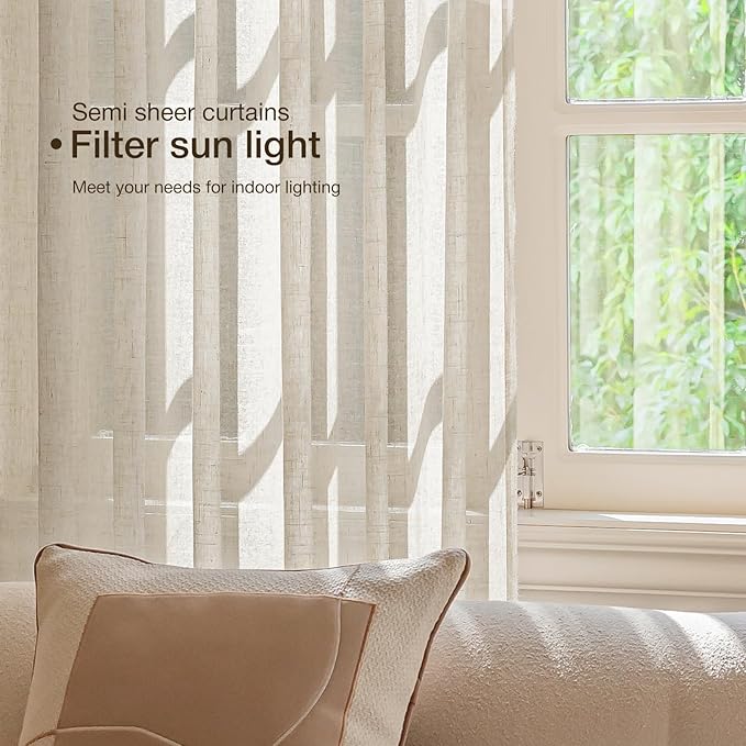 Anmao Natural Linen Curtains for Living Room 63 Inch Length 2 Panels Set, Light Filtering Semi Sheer Window Curtain Drapes for Bedroom with Curtain Rings and Clips, 52 Inch Wide Each Panel, Linen