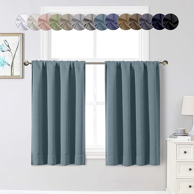 Stone Blue Cafe Blackout Curtains 36 Inch Length 2 Panels Set, Soft Solid Thermal Insulated Room Darkening Small Window Curtains for Kitchen Bathroom Basement, Stone Blue, Each, 40" Wx36 L