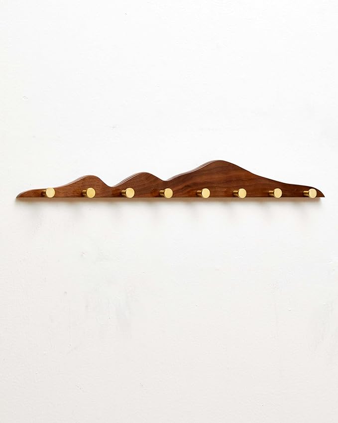 Wood Coat Hooks Wall Mount - Wooden Coat Rack with 8 Gold Brass Hooks for Entryway Bathroom Bedroom, Modern Decorative Wall Hooks Heavy Duty Organizer for Hanging Clothes Hats Bags Robes Towels Purse