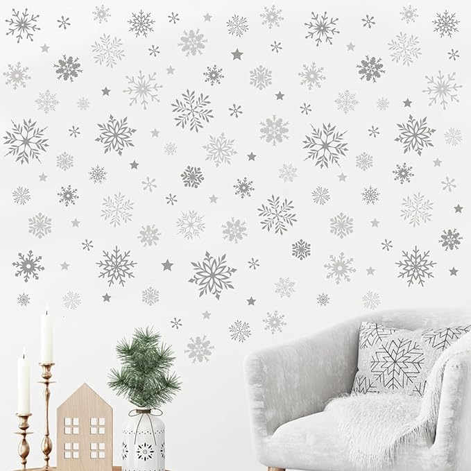 Mfault Winter Grey Snowflake Wall Decals Stickers, Gray Snow Stars Decorations Bedroom Art, Christmas Seasonal Home Living Room Kitchen Decor