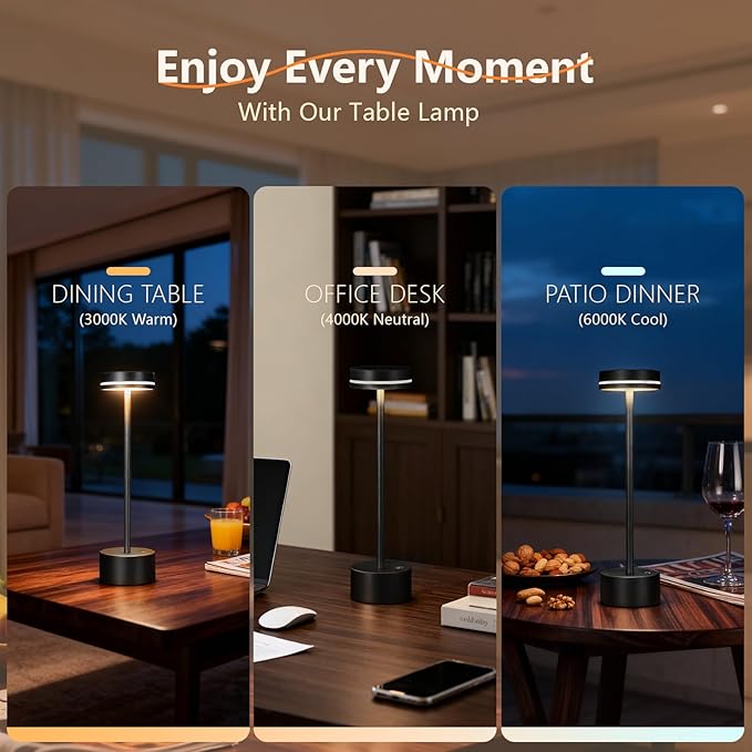 2 Pack Cordless Table Lamp Rechargeable, Touch Desk Lamp - 5000mAh Battery, 3 Color Dimmable Led Light, Small Portable Aluminum Light for Outdoor/Patio/Dining/Tabletop/Bar/Office, Home Decor