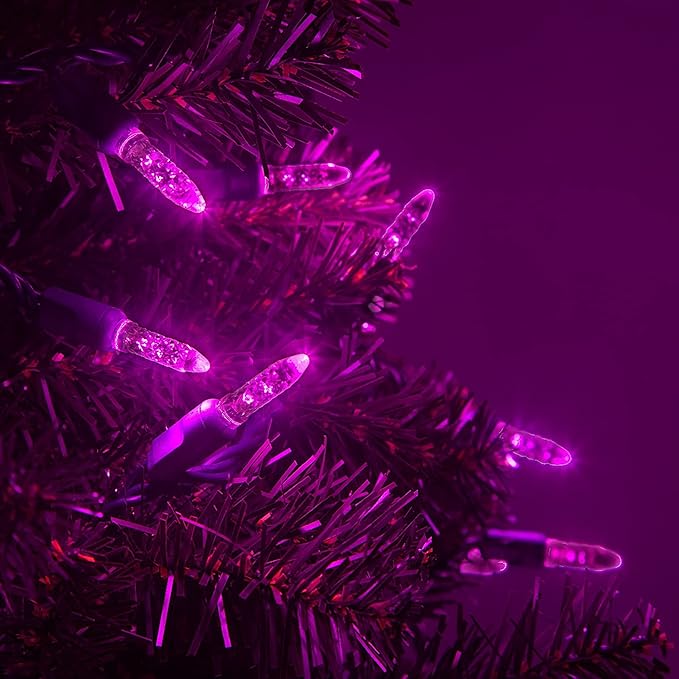 M5 LED Mini Ice Pink Prelamped Light Set, Green Wire - 70 M5 Pink LED Christmas Lights, 4" Spacing