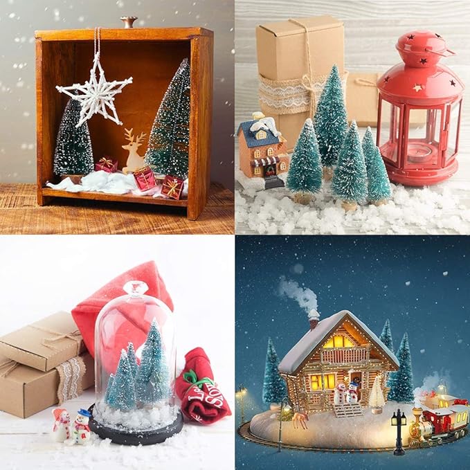 Artificial Mini Sisal Christmas Trees Snow Frost with Wooden Bases for Home Party Decoration Ornament DIY Craft (Blue-Green, 20 pcs)