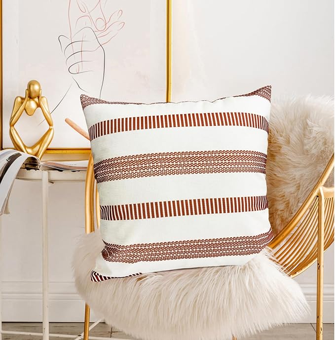 Decorative Throw Pillow Covers Set of 2 Coffee Boho Striped Pillow Covers 18x18 Inch Throw Pillow Cover Linen Pillowcase Farmhouse Outdoor Pillow Covers for Couch Sofa Bed Living Room