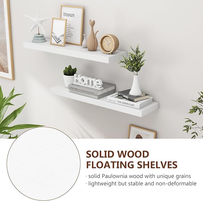 fuqing 30 Inch Floating Shelves for Wall, White Wood Floating Shelves Set of 2, 30'' Long Wooden Wall Shelves for Living Room Bedroom Bathroom Home Office - White