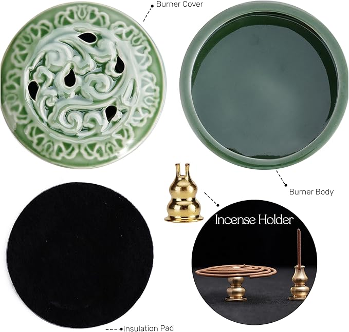 Incense Burner with Lid, Ceramic Incense Holder for Stick Cones & Coils Incense with Burn Cotton for Home, Office, Yoga, Green Lotus