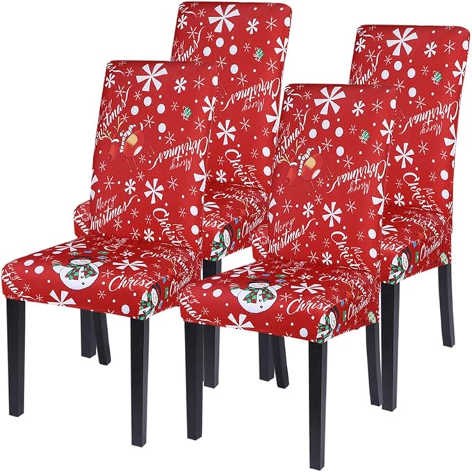 SearchI Christmas Chair Covers Set of 4, Stretch Xmas Kitchen Chair Cover Removable Washable Holiday Parsons Chair Slipcovers for Dining Room, Christmas Decoration, Ceremony(Snowman+Snowflake)