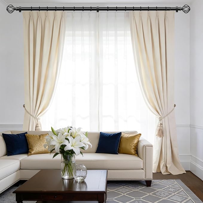 Black Curtain Rods for Windows 48-90Inch(4-7.5ft), Heavy Duty 1 Inch Adjustable Curtain Rod, Decorative Window Rods for Living Room, Bedroom, Dining Room & Patio