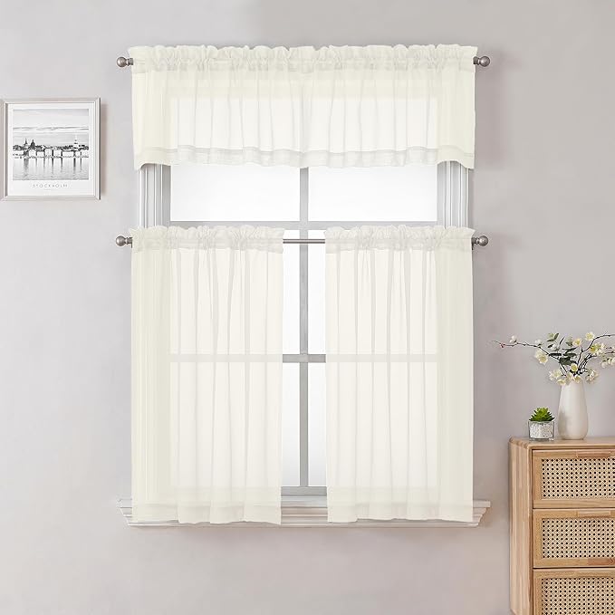 Lecloud 14 Inch Ivory Sheer Curtains Valance 2 Pieces, Cafe Kitchen Curtain for Small Window Dual Rod Pockets, Light Filtering Living Room Bedroom Half Valance Curtains, 40" Wx14 L