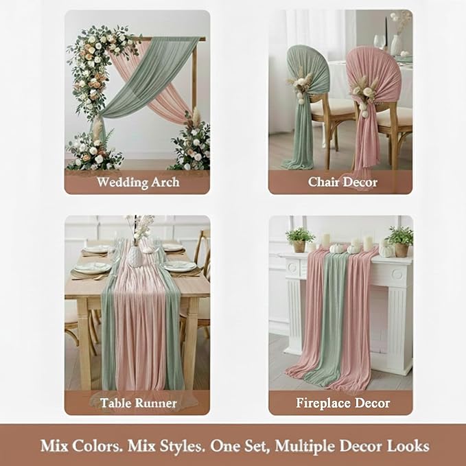 Cheesecloth Table Runner 2 Pack Sage Green and Dusty Pink, Boho Gauze Table Runner 10Ft 120 Inches Long for Wedding Decor, Party & Home Table Decoration