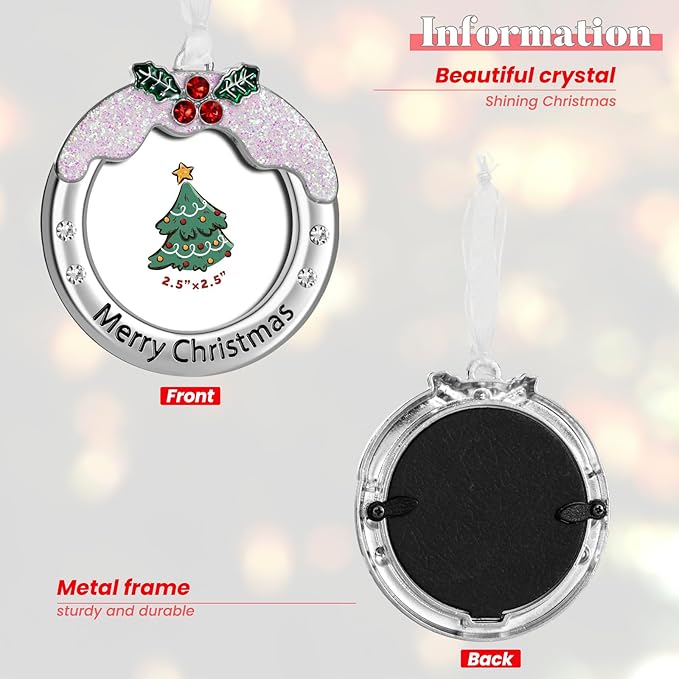 Christmas Tree Ornament - Decorative Hanging 2025 Holiday Keepsake Gift Pendant with 2.5X2.5 Inch Photo Frame Insert for Picture of Pet(Circle-Snow)