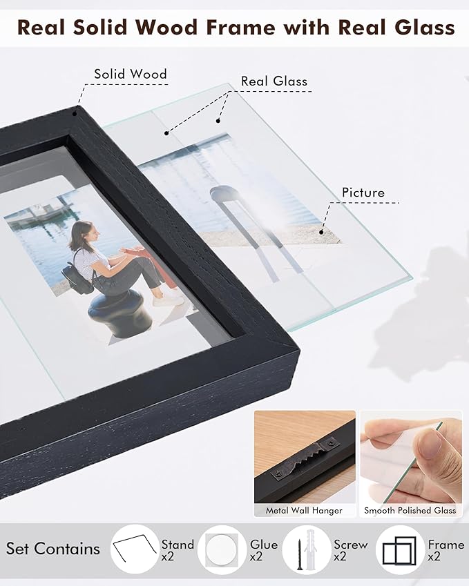 DLQuarts 5x7 Floating Picture Frames for 4x6/3.5x5 Photos, 2-Pack Solid Wood Double Polished Glass Floating Frame for Wall & Tabletop, Postcards and Any Size Photo up to 5x7 Display, Black
