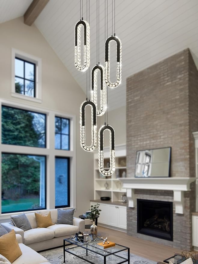 5 Rings Crystal Chandeliers for Staircase Large Pendants Light Fixture Black High Ceiling Chandelier for Entryway Bedroom Foyer 2700K-6000K