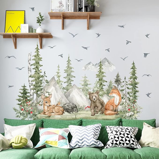 Amaonm 4 Sheet of 12x36 inch Giant Mountain Forest Tree Wall Decal Woodland Deer Bear Fox Birds Wall Stickers 3D DIY Peel and Stick Jungle Wild Animal Pine Wall Decor for Kids Boys Bedroom Playroom
