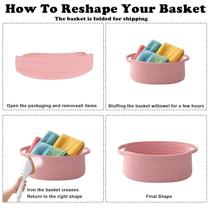 Small Woven Rope Basket-Empty Gifts Basket with Bag and Ribbons,Cute Handle Organizer Box for Birthday/Baby Shower, Toy Storage, Nursery Organizing & Shelf Decor(White&Pink)