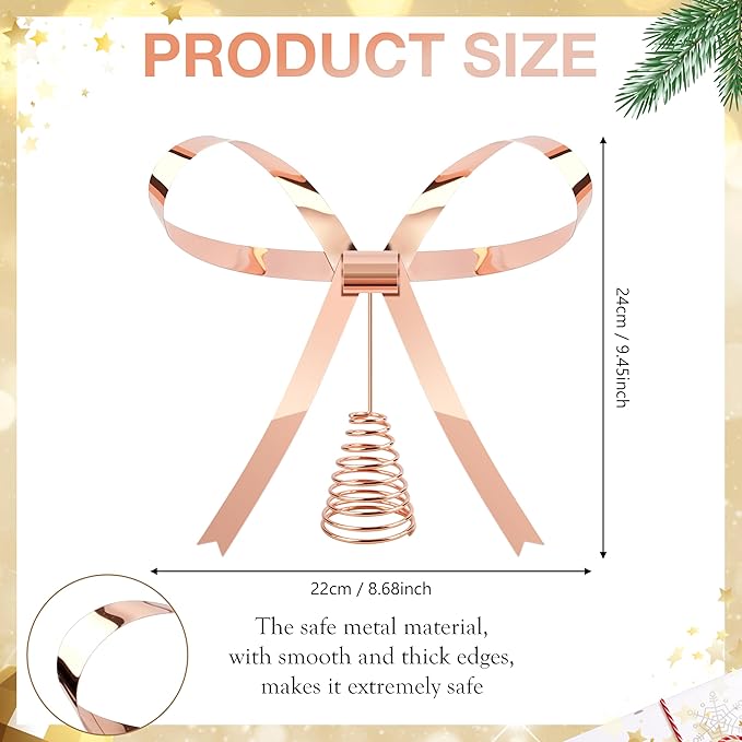 Metal Christmas Bow Tree Topper, Christmas Rose Gold Bow Ornament Decorations for Xmas Tree Topper Garland Wreath Indoor Outdoor Decor, 9.5 x 8.7''
