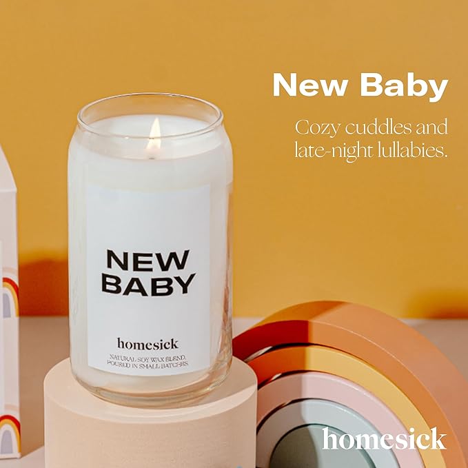 Homesick Scented Candles for Home (New Baby) - 13.75 oz Long-Lasting Natural Soy Wax Blend Jar Candle Gifts & Couples Baby Shower Favors, 60-80 Hours Burn Time - Notes of Geranium & Vanilla