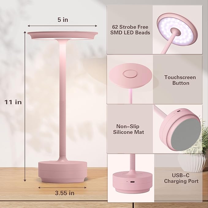 Cordless Table Lamp Set of 2, Type-C Rechargeable 5000mAh Battery Powered LED Table Lamps with Memory Function,3 Color Stepless Dimming for Outdoor Patio, Restaurant, Cafe(2P Pink)