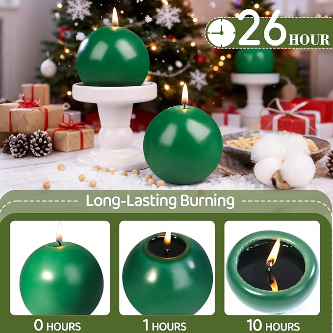 3 Inch Green Round Ball Candles,Elegant Round Pillar Candles,Hand-Poured Natural Soy Candles,26 H Long Burning Time-Dripless Smokeless Candle Dinner Table,for Wedding,Christmas Home Decor 4 Pack