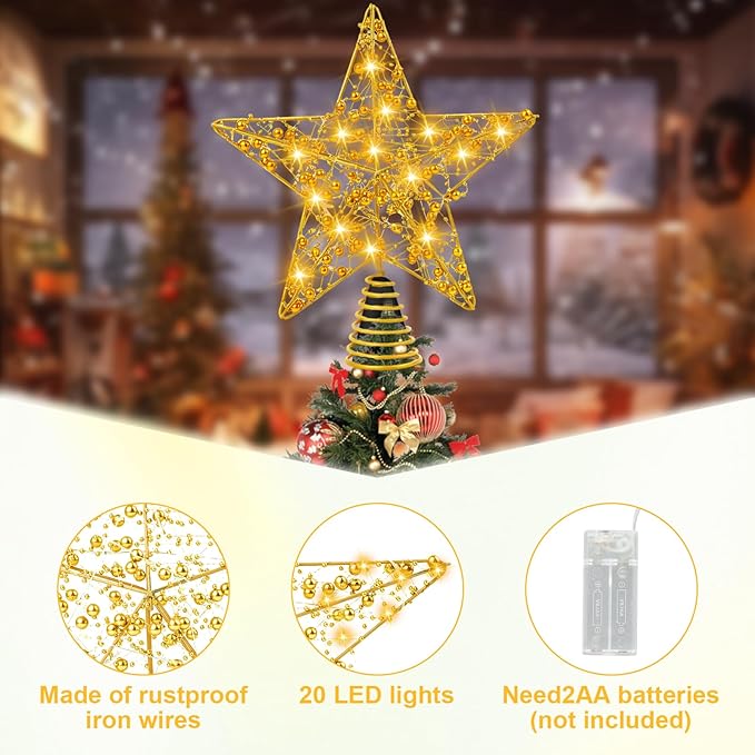 Christmas Tree Topper 10-inch Gold Glitter Star Tree Topper with 20 LED Lights Christmas Tree Topper Star for Holiday Decorations.