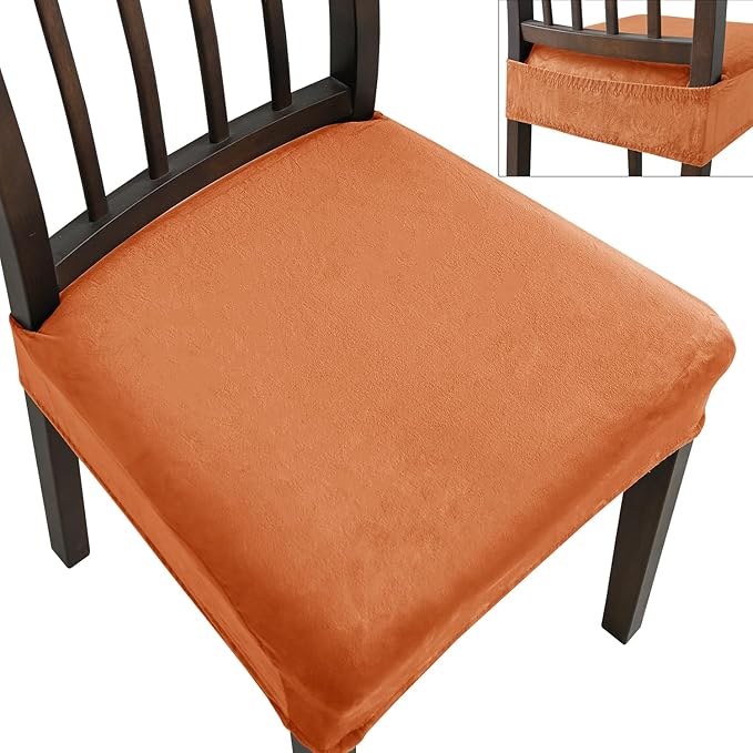 Dining Chair Seat Covers Set of 4, Stretch Velvet Chair Seat Slipcovers Protector, Removable Washable Kitchen Chair Covers for Dining Room Chairs (Set of 4, Orange)