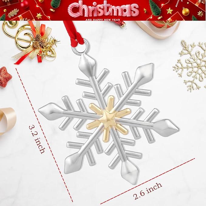 Snowflake Christmas Ornament Set - Silver & Gold Plated Metal Snowflake Ornaments for Christmas Tree - Annual Holiday Keepsake (Style B)