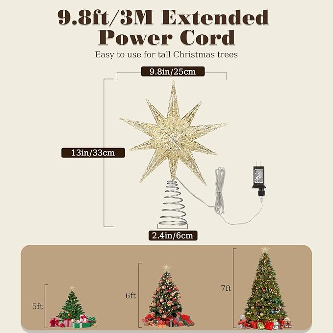 Lewondr Christmas Tree Topper Star, 13 Inch 10-Pointed Light Up Xmas Star Treetop with Plug and Remote Control for Home Christmas Decoration, 6H Timer & 8 Lighting Modes, Warm Light, Gold