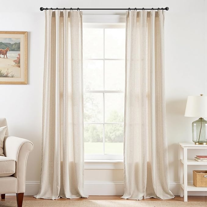 jinchan Beige Linen Blend Curtains 90 Inches Length 2 Panels for Bedroom Bathroom, Natural Farmhouse Country Cottage Core Style 38 Inches Wide Drapes with Rod Pocket Back Tab (38W x 90L, Ecru)