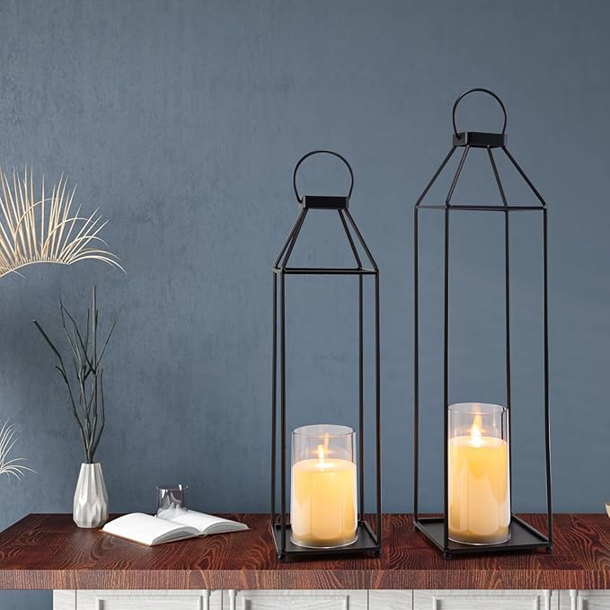 Outdoor Lantern Decorative 21.5" 18.3" Candle Lantern Set of 2 Porch Lantern Decorative Front Porch Lantern Tall Floor Lanterns Decor Indoor Battery Powered Candle Lantern Decor for Indoor Outdoor