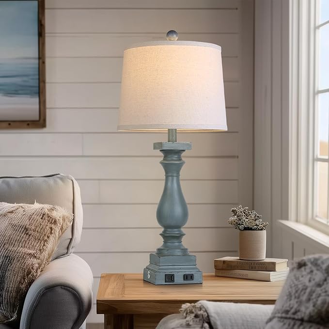 28" Tall Farmhouse Table Lamps Set of 2 with USB C+A Ports and AC Outlet, 3 Way Touch Control Rustic Bedside Lamp for Bedroom, Blue Vintage Nightstand Lamp for Living Room Office