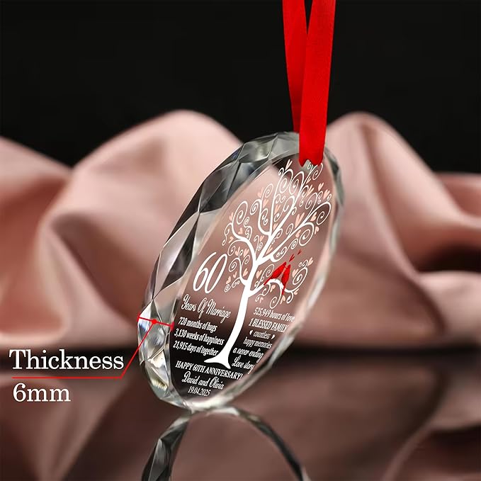 Personalized Anniversary Christmas Ornament – Custom 60 Years Married Glass Keepsake for Couple, Husband and Wife, Parents – Wedding Tree Decoration with Red Cardinals Gift Idea