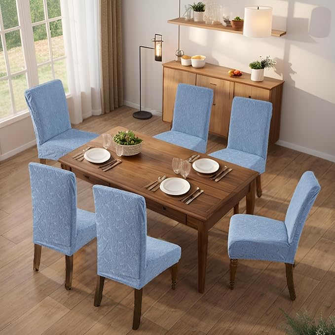 Genina 100% Waterproof Dining Room Chair Covers Set of 4 Stretch Kitchen Chair Covers Parsons Chair Slipcovers for Dining Room Chair Protector Cover, Removable, Washable (Leaf Pattern-Light Blue)