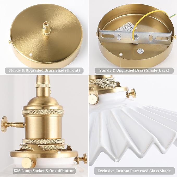 Pendant Light with White Pleated Ceramic Lmapshade, Brass Vintage Pendant Light Adjustable Hanging Light for Kitchen Island Dining Room Hallway