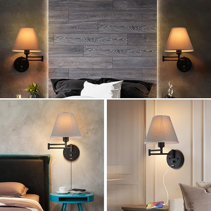 Swing Arm Wall Lamp.Wall Mount lamp with Dimmable Switch.Plug in Wall Sconces with USB Charging Port. Black Sconces Wall Lighting Suitable for Bedroom,Living Room.