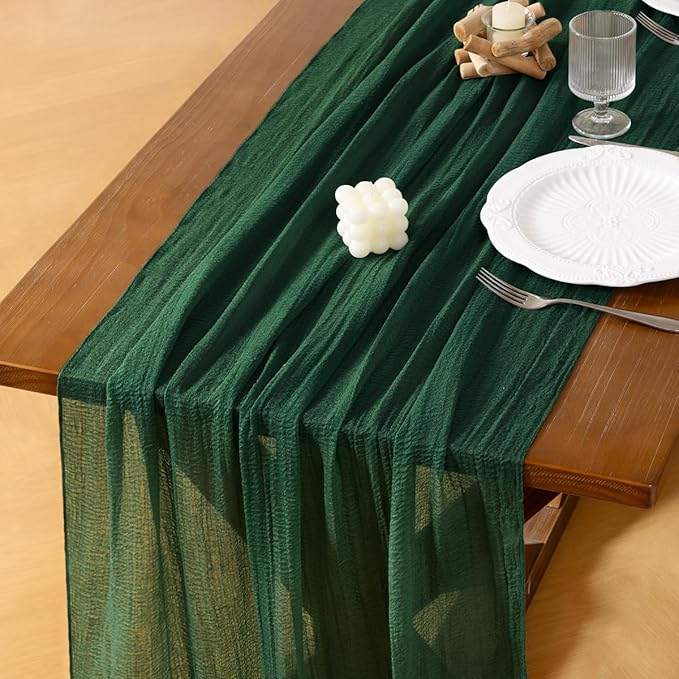 Socomi Emerald Green Valentine's Day Cheesecloth Table Runner Gauze 120 Inch Rustic Boho Cheese Cloth Runner for Wedding Party Baby Bridal Shower Centerpiece Decoration Holiday Home Decorations