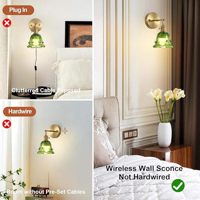 2 Pack Vintage Battery Operated Wall Sconces, Rose Green Lampshade & 180 Degree Adjustable, Wireless Rechargeable RGB Wall Light with Remote Control, for Bedroom Living Room Hallway Aisle