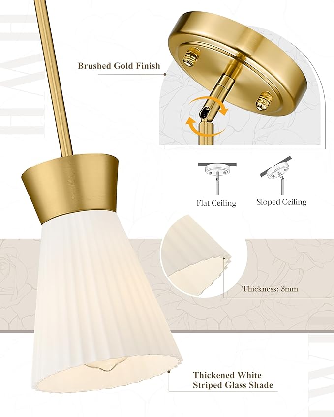 2 Packs Modern Pendant Light Fixtures, HWH Kitchen Island Lighting for Living Rooms, Dining Room, Hanging Light with Milk White Striped Glass, Gold Finish, 5HZG107MIL-2PK BG
