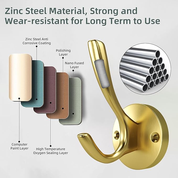 ZUONAI Gold Bathroom Towel Hooks Gold Coat Hooks 2 Pack Heavy Duty Brushed Towel Hooks Screws Solid Brass Wall Hooks for Hanging Coats, Hats, Jacket, Clothing and Keys in Bedroom Bathroom