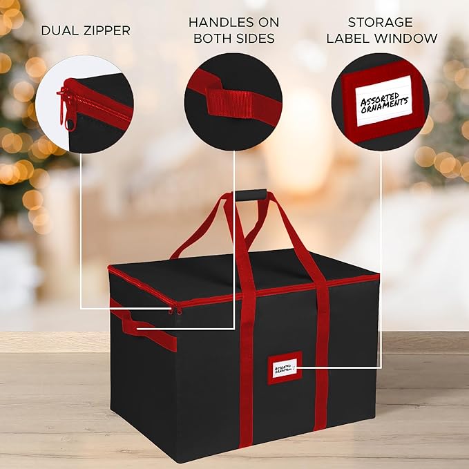 Christmas Ornament Storage Container,Box Stores Up to 96-4 inch ornaments, Adjustable Dividers, Large Organizer Bin to Protect and Store Holiday Décor - Black