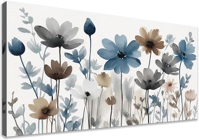 KZKU Flowers Canvas Wall Art - Floral Pictures for Wall Decor Indigo Brown Grey Canvas Prints Nature Printing Artwork for Living Room Bedroom Home Office Wall Decoration 20" x 40"