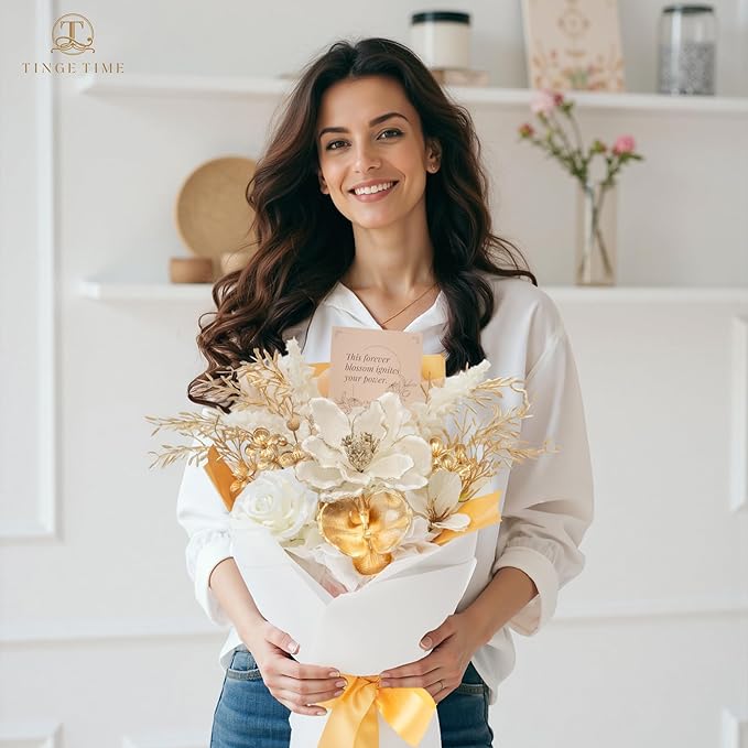 TINGE TIME Preserved Flowers Bouquet, Christmas Faux Rose Bouquets Platinum, Artificial Flowers Poinsettia Faux Flowers, for Christmas Centerpiece Table Home Holiday Party(White & Gold)
