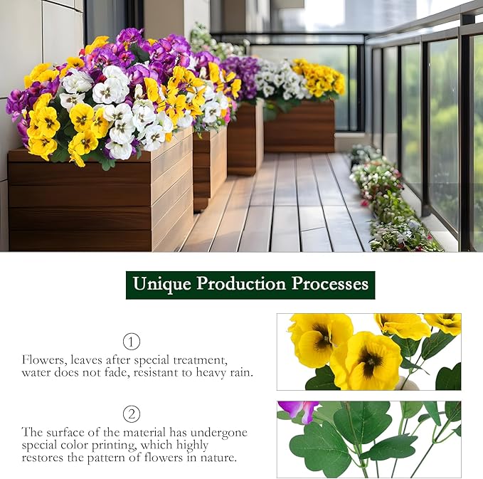 Hananona 12 Bundles Artificial Flowers Outdoor UV Resistant Artificial Silk Pansies Faux Plastic Flower in Bulk Fake Outdoor Plants(12, Yellow, White, Purple)