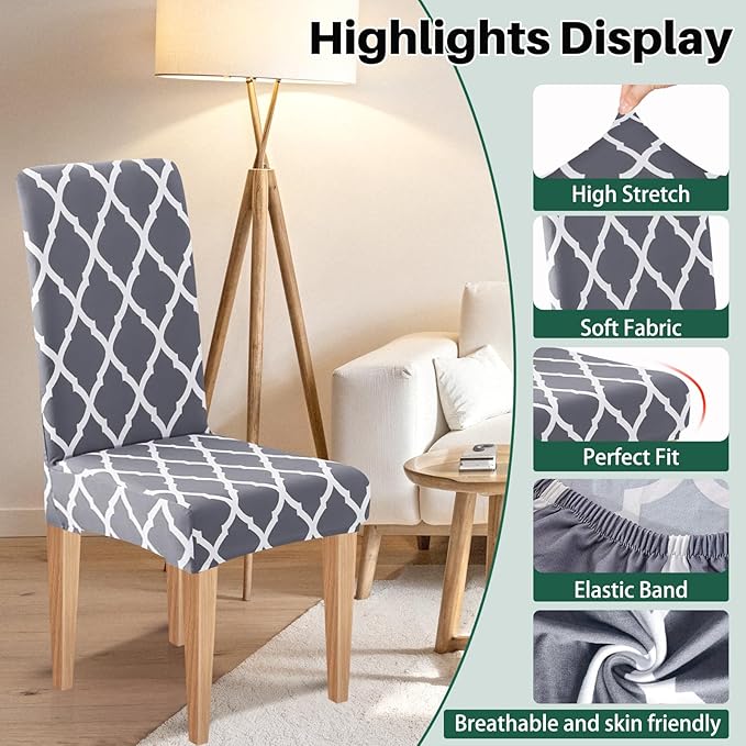 Dioxide High Stretch Chair Covers for Dining Chairs, Washable Dining Chair Covers Set of 6, Soft Kitchen Chairs Seat Covers, Parsons Chair Slipcovers Protectors for Home Hotel Restaurant Banquet